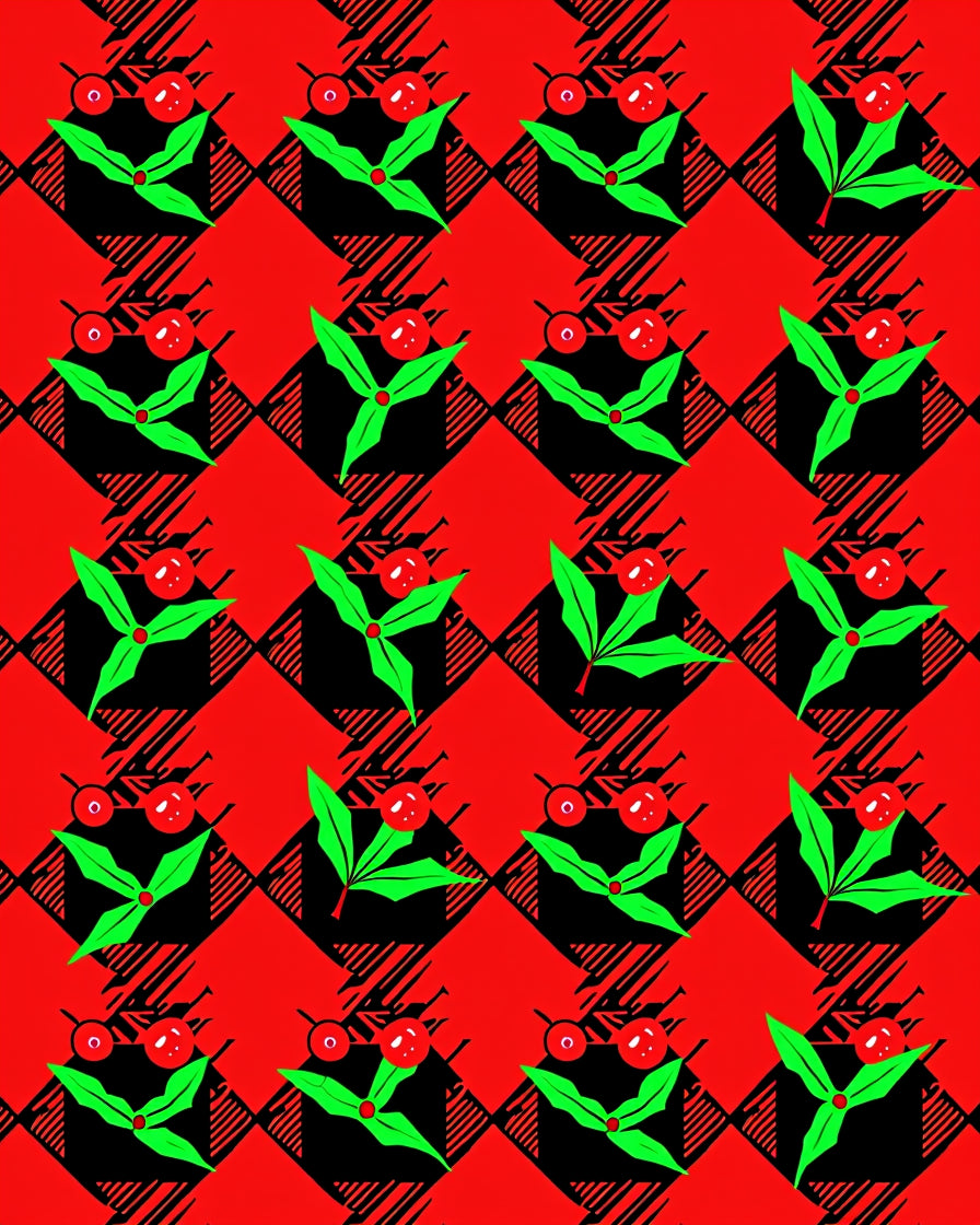Red Black Gingham Holly Pattern Rug