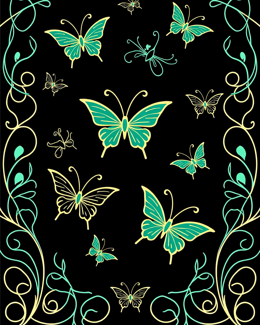 Elegant Teal Gold Butterfly Pattern Rug