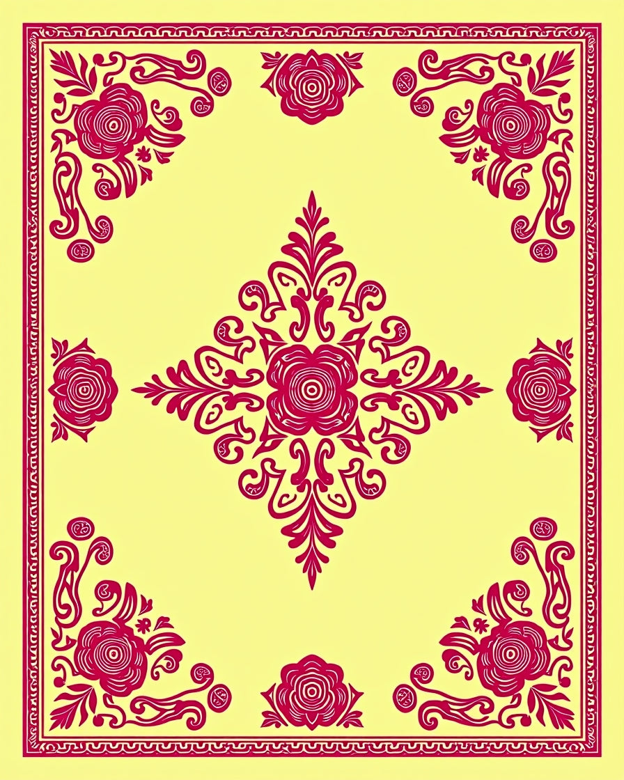 Fuchsia Rose And Scroll Pattern Design Rug