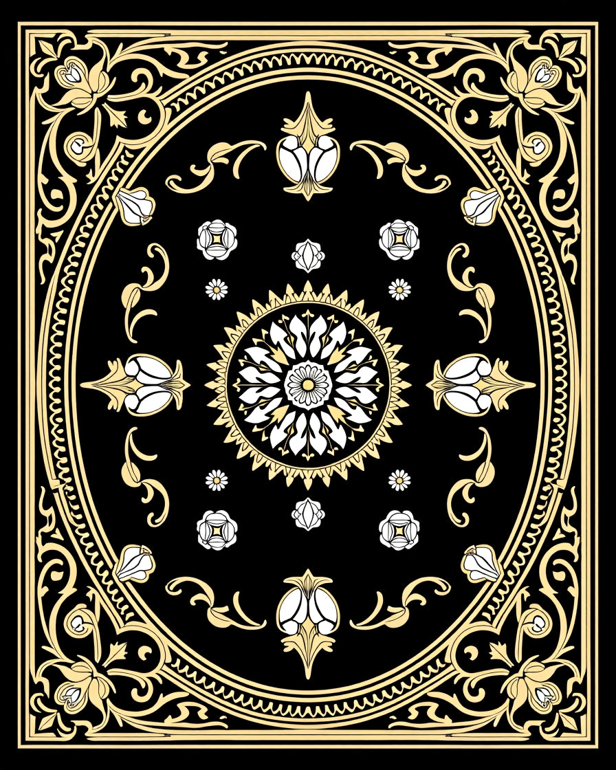 Elaborate Black Yellow Floral Medallion Rug