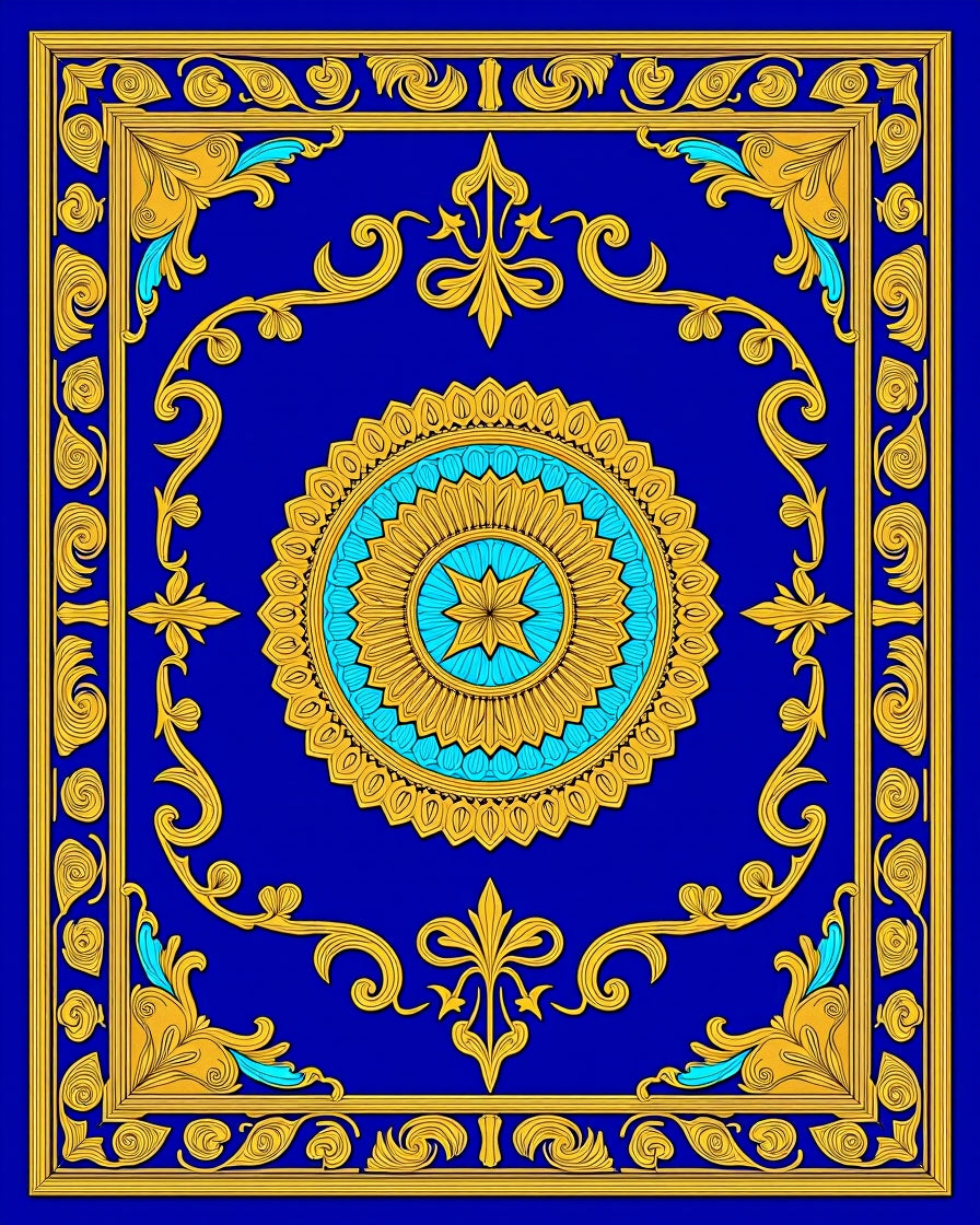 Ornate Royal Blue Gold Floral Medallion Rug