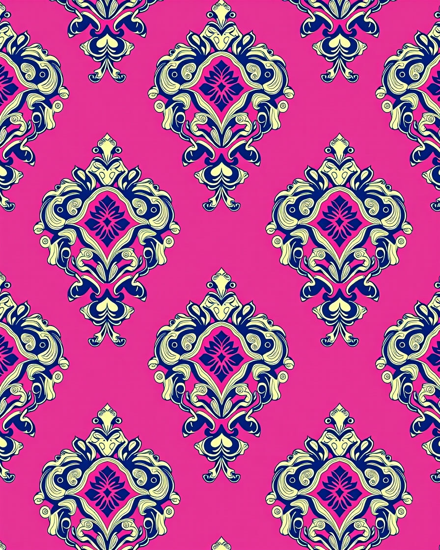 Vibrant Pink With Blue Yellow Damask Pattern Rug