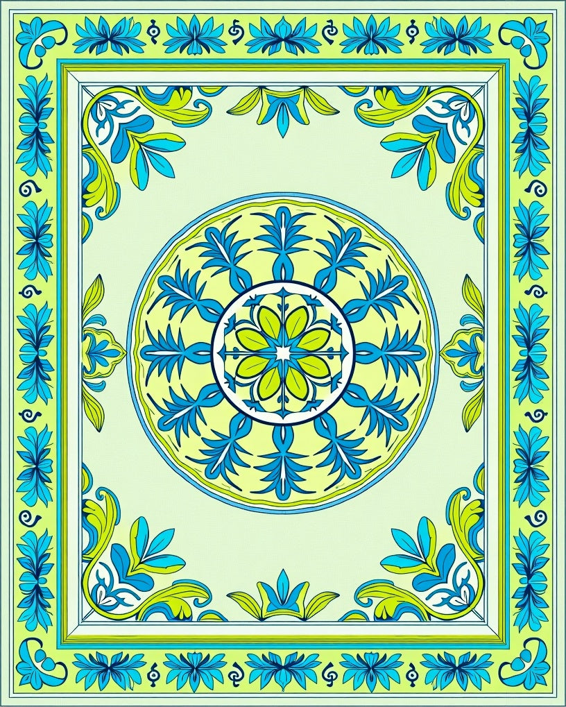 Vibrant Blue Green Floral Mandala Rug