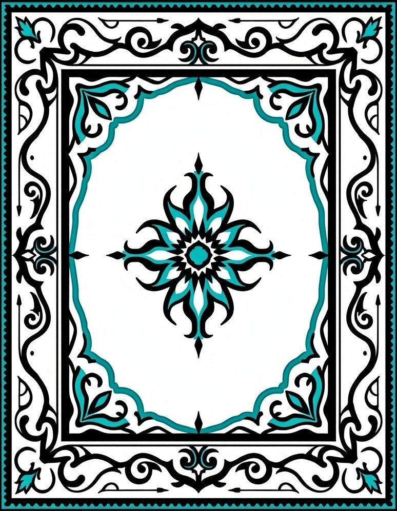 Ornate Black Turquoise Scrollwork Design Rug