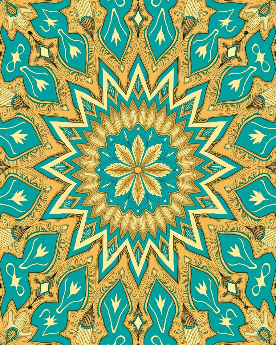 Mandala Style Teal And Gold Pattern Rug