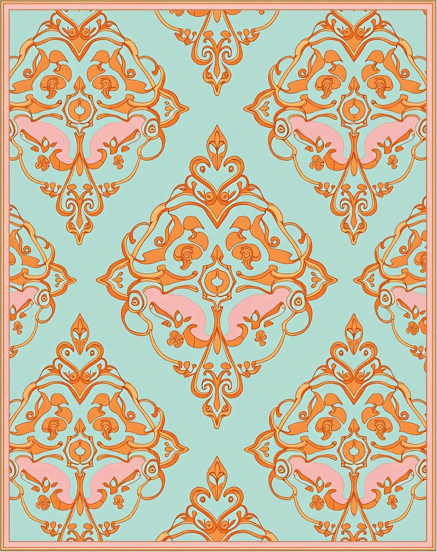 Elegant Orange Pink Damask Pattern Rug