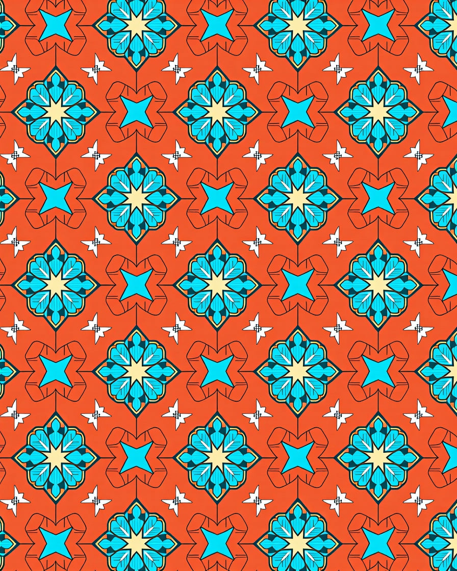 Orange Blue Starburst Floral Pattern Rug