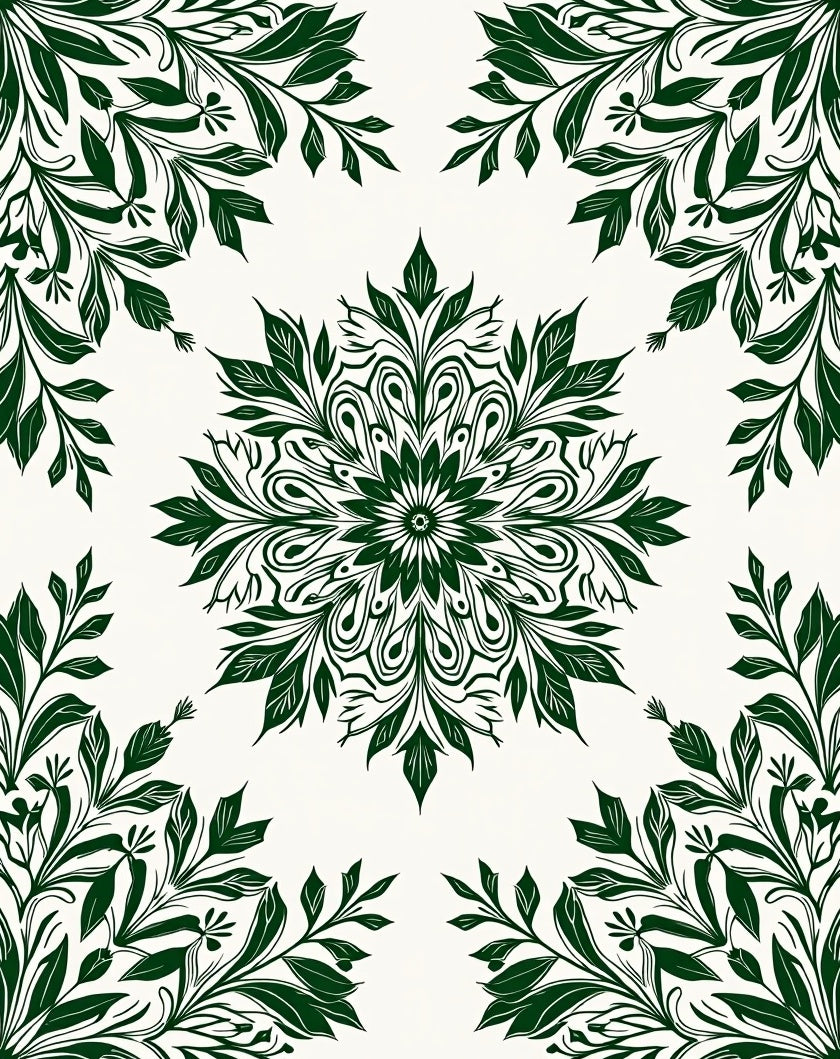 Ornate Green Leaf Mandala Pattern Rug