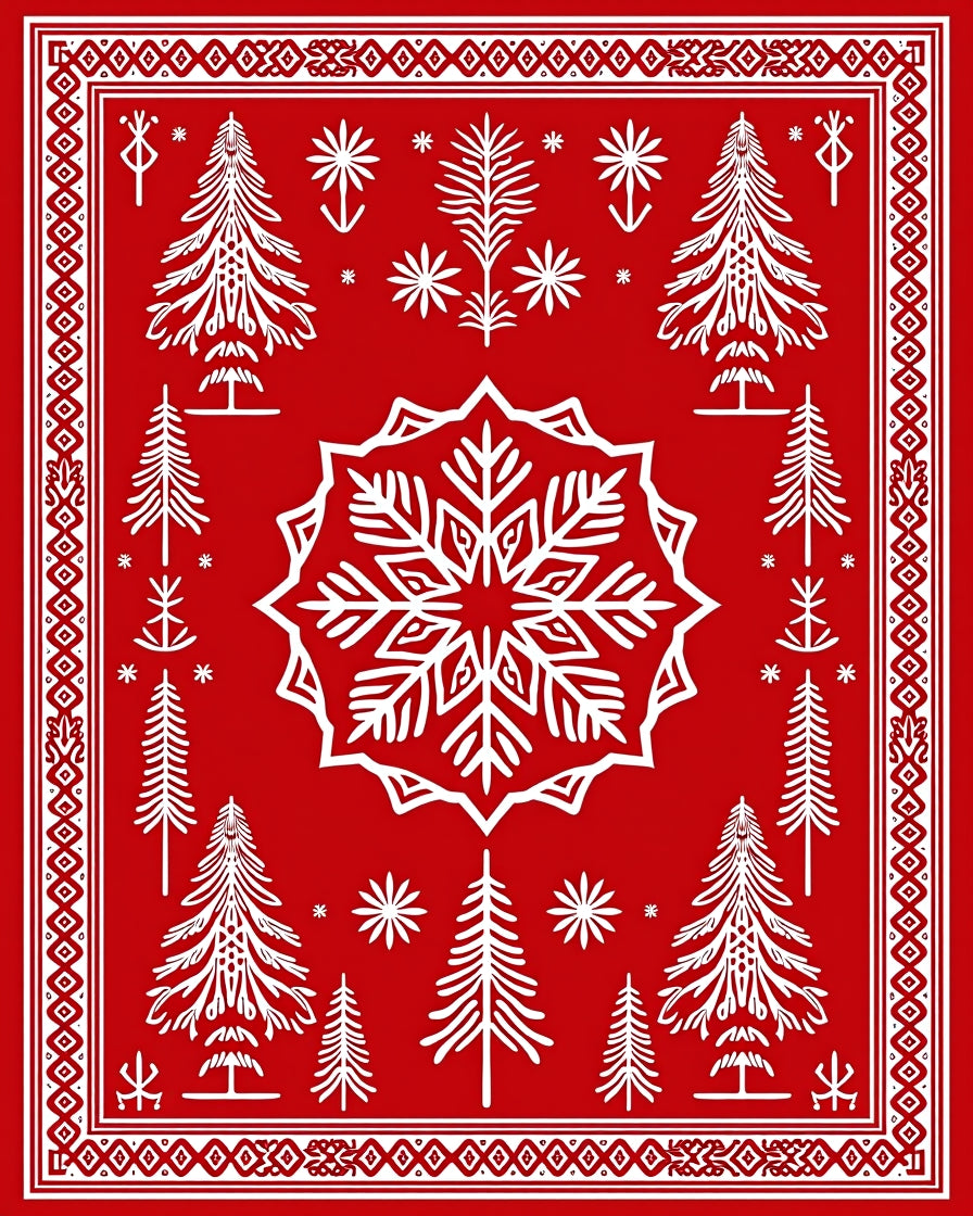 Red Winter Forest Snowflake Trees Rug