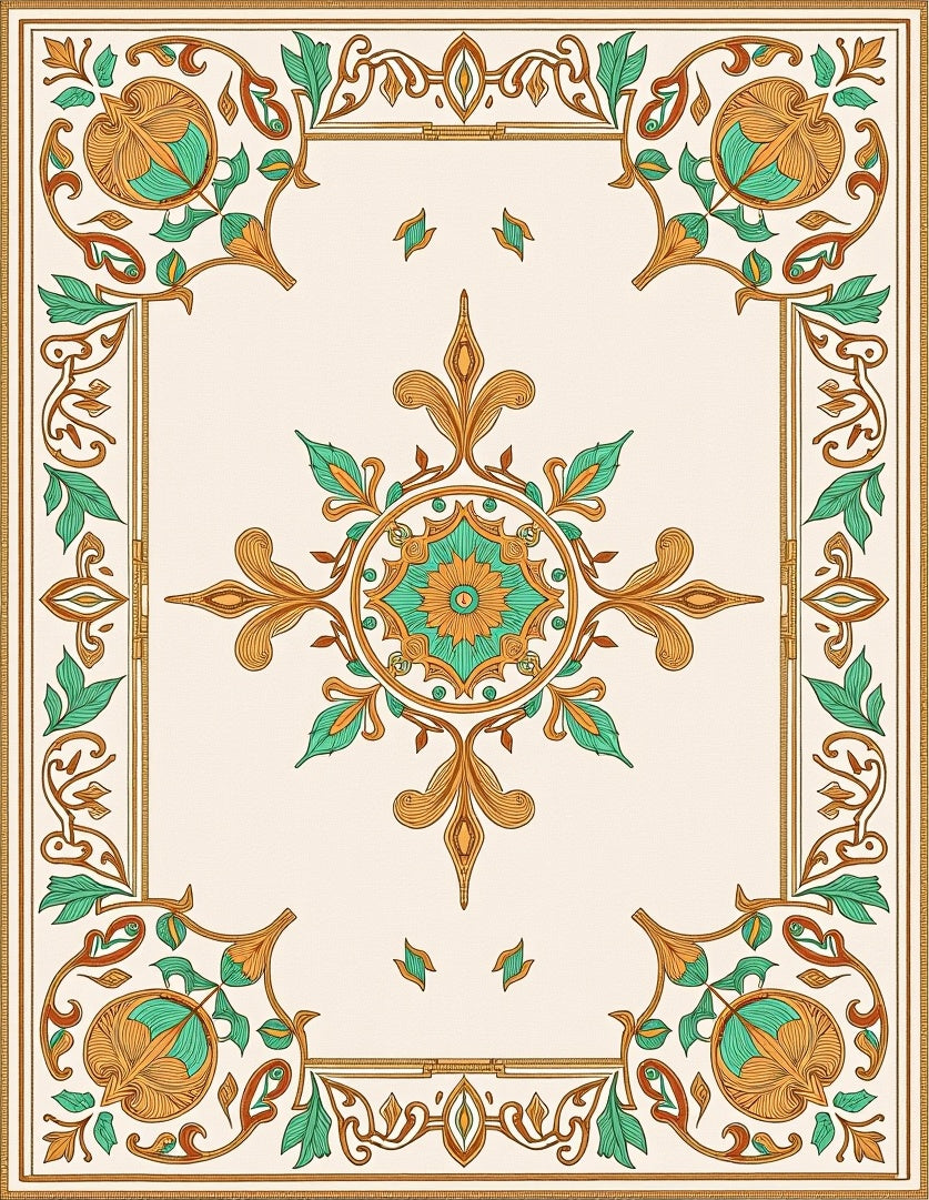 Golden Teal Floral Medallion Border Rug