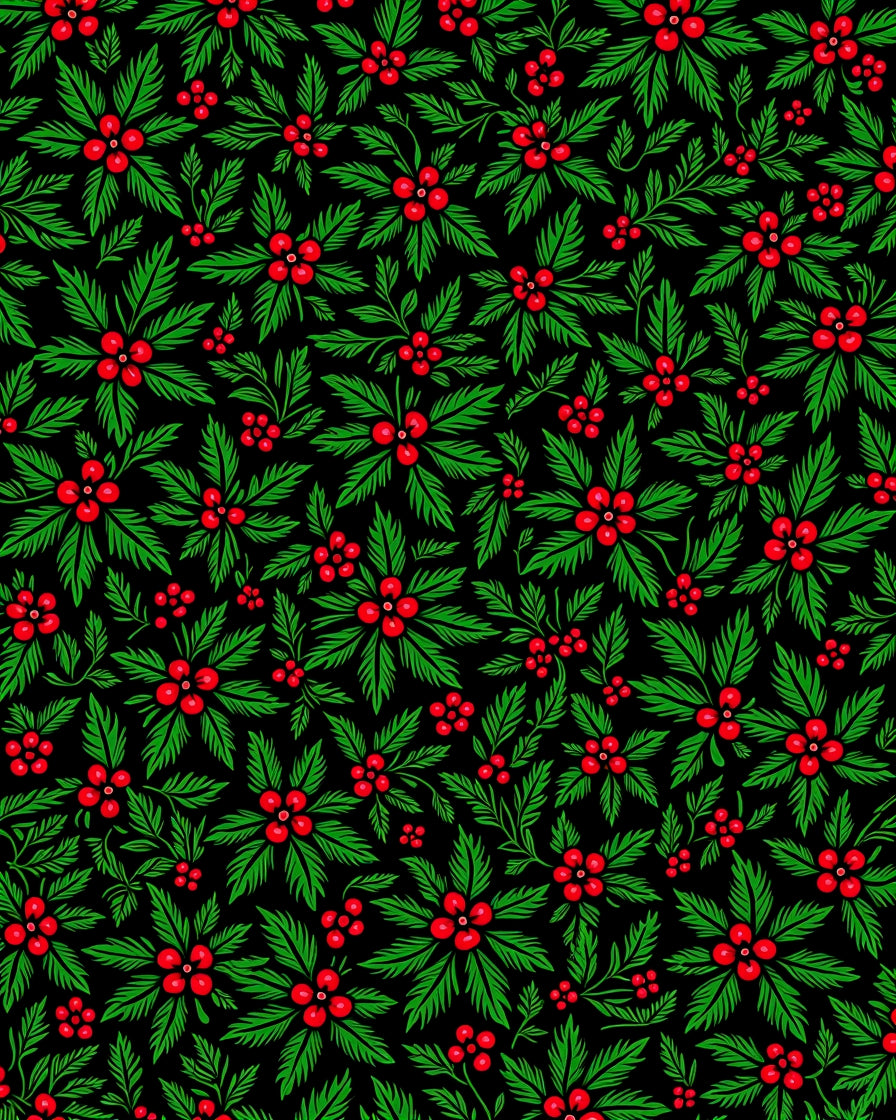 Festive Red Holly Berry Green Leaves Rug
