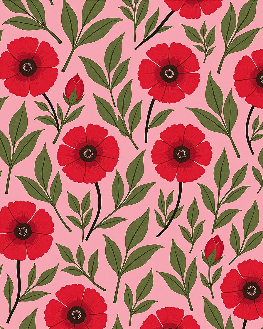 Red Floral Botanical Pattern Rug