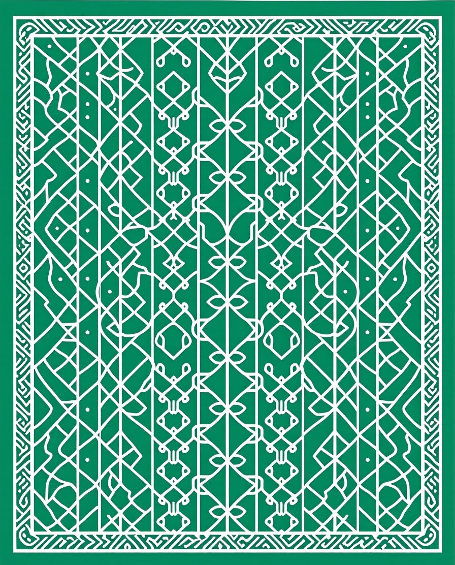 Intricate Green White Geometric Pattern Rug