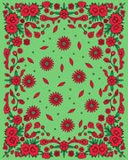 Vibrant Red Floral Patterned Green Rug