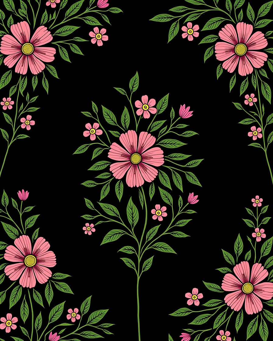 Pink Floral Vines On Black Design Rug
