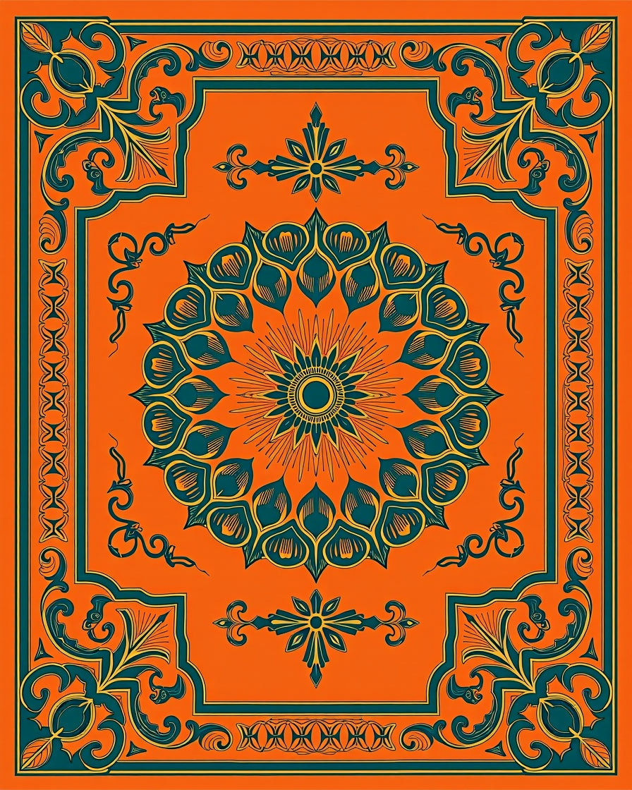 Bold Orange Teal Mandala Pattern Rug