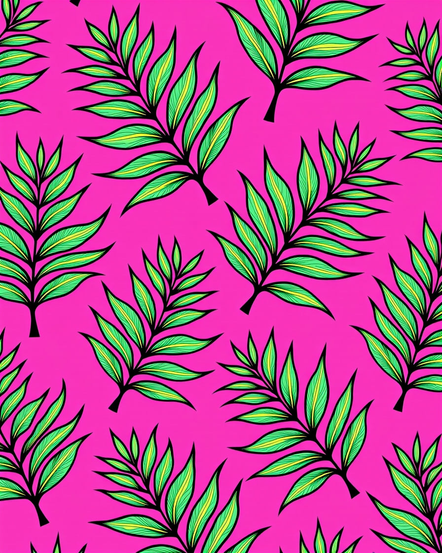 Vibrant Pink Green Leafy Frond Rug