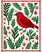 Red Bird Snowflake Botanical Border Rug