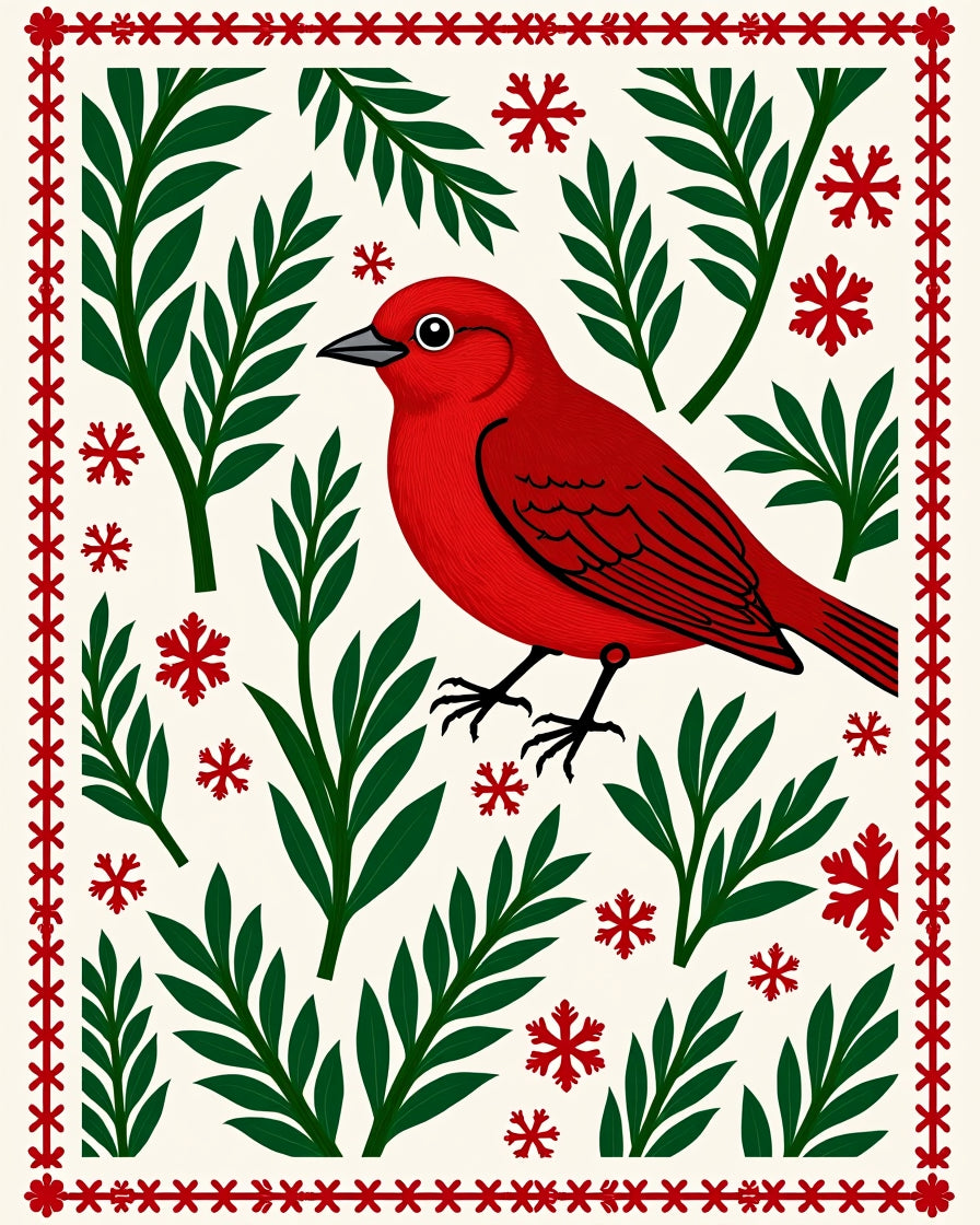 Red Bird Snowflake Botanical Border Rug