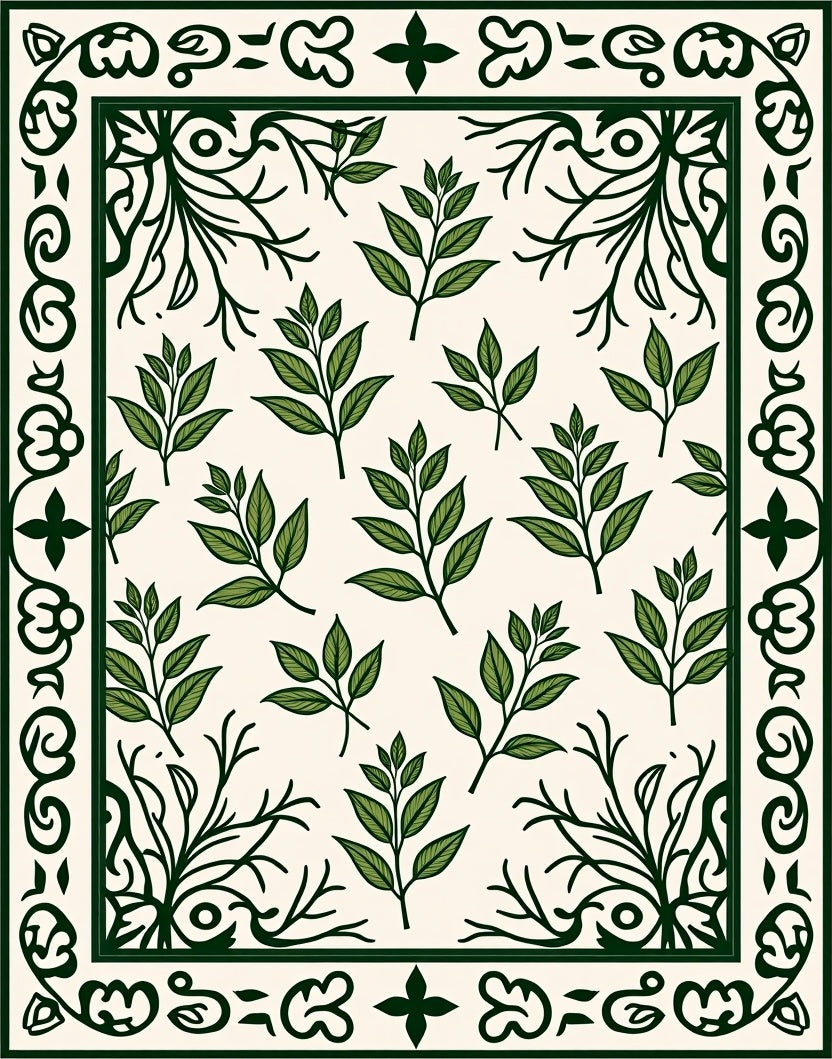 Green Leafy Border Pattern Rug