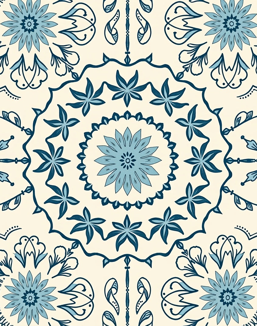 Pale Blue Floral Mandala Medallion Rug