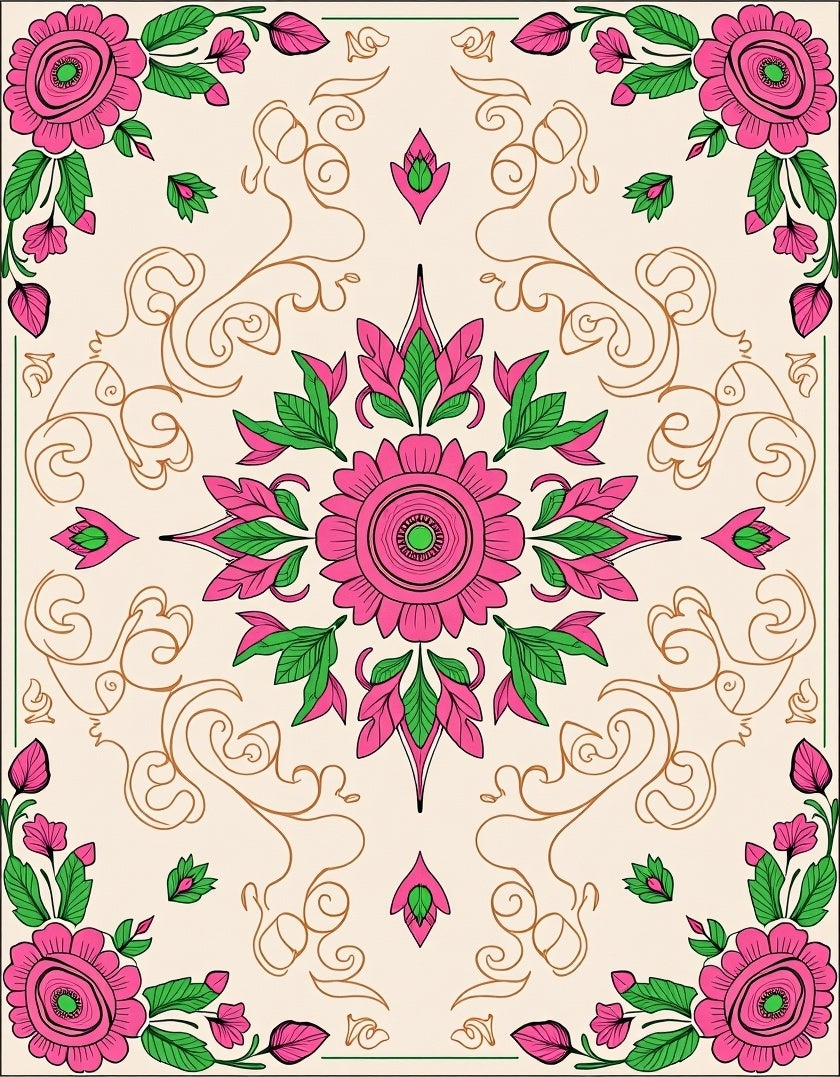 Pink Floral Harmony With Swirls Design Rug