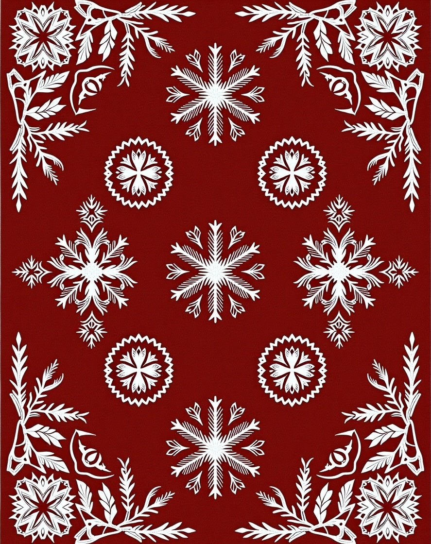 White Snowflake Patterned Red Rug