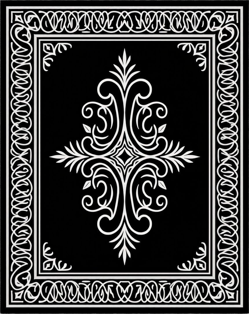 Elegant Black White Filigree Scroll Pattern Rug