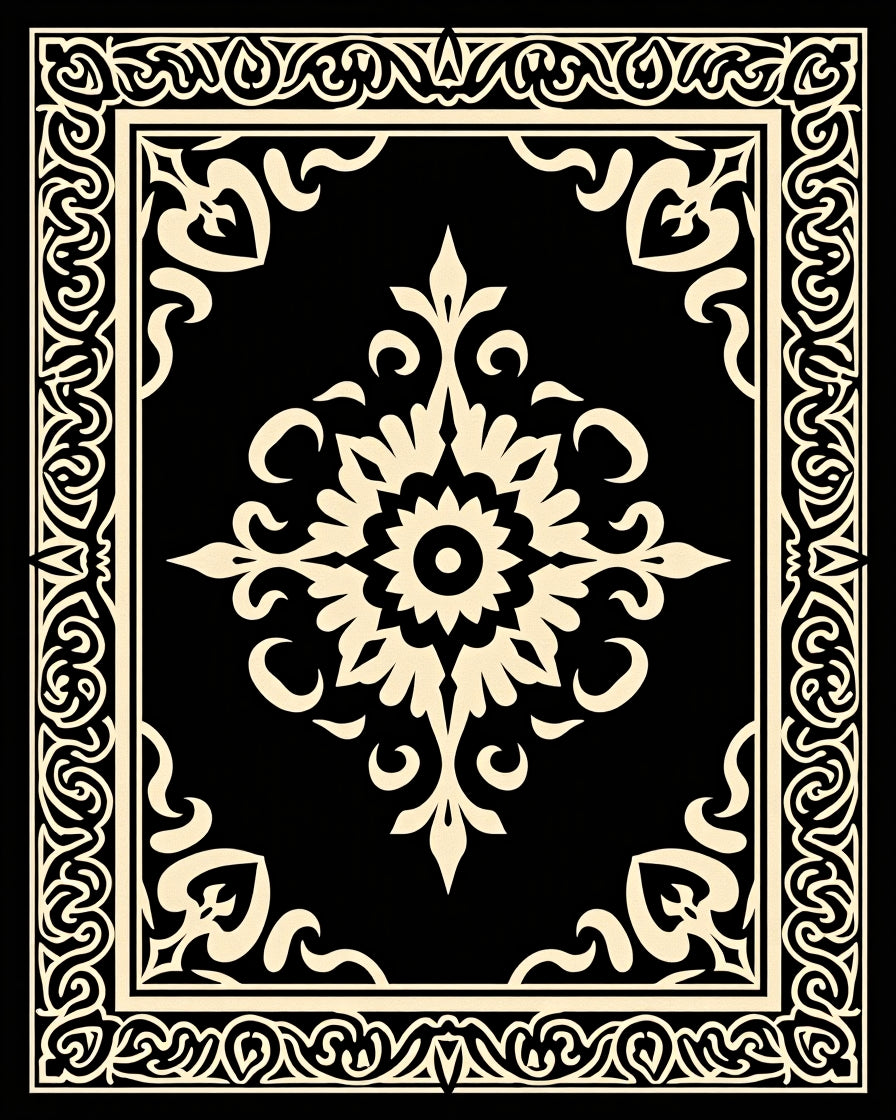Ornate Black and Cream Floral Medallion Rug