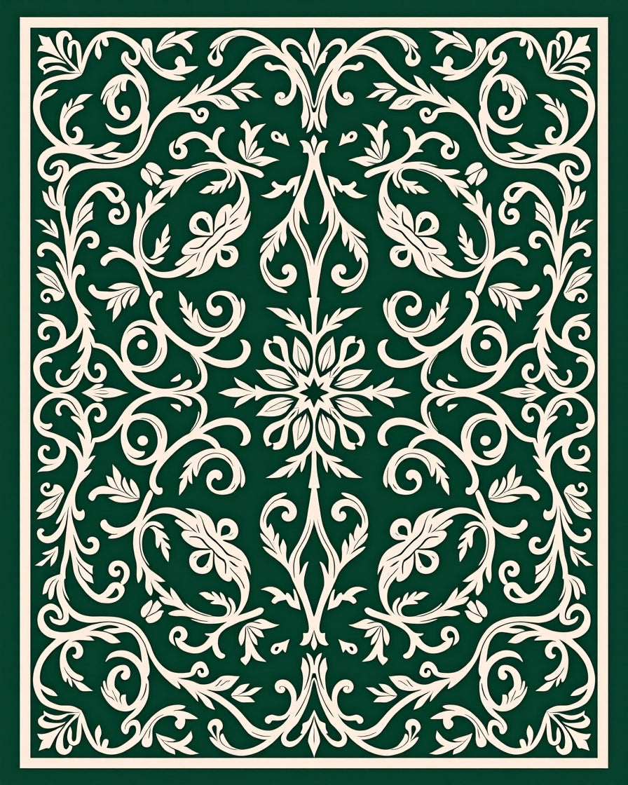 Elegant Floral Scrollwork Ivory On Green Rug
