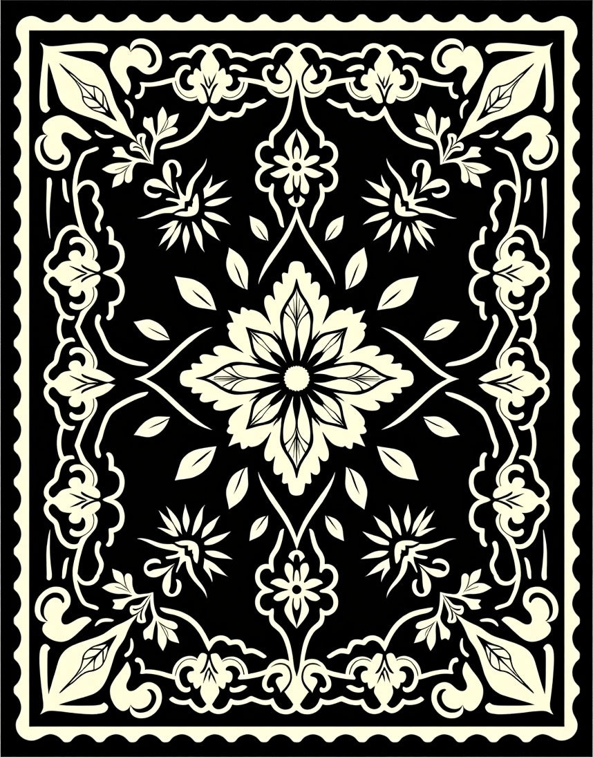 Cream Floral Medallion on Black Field Rug