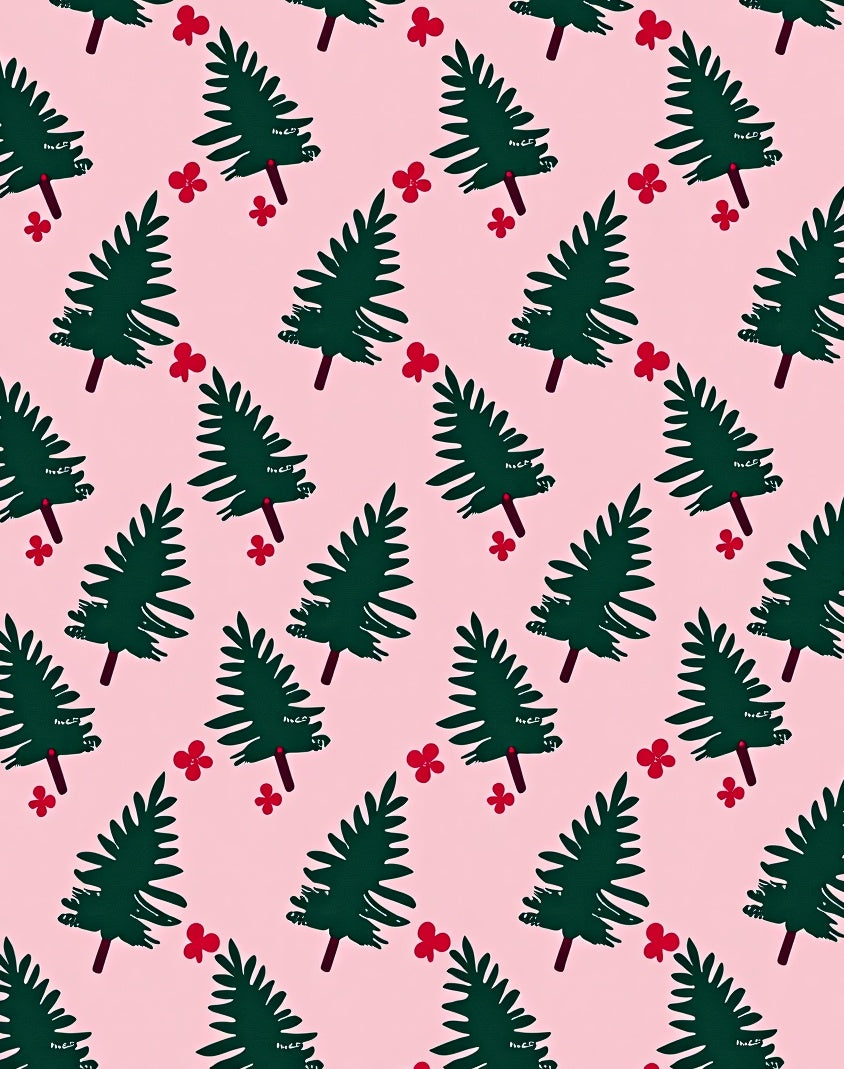 Green Pine Red Flower Repeating Pattern Rug