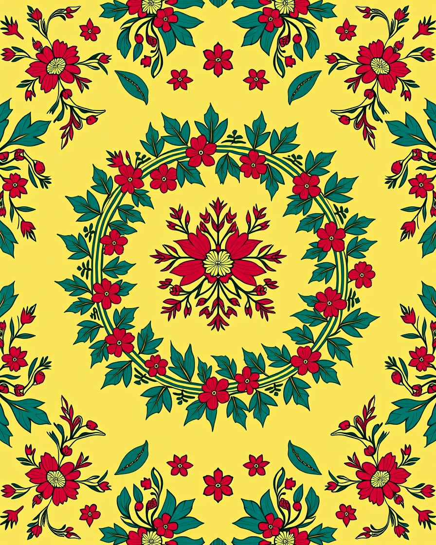 Red Floral Wreath Patterned Yellow Rug