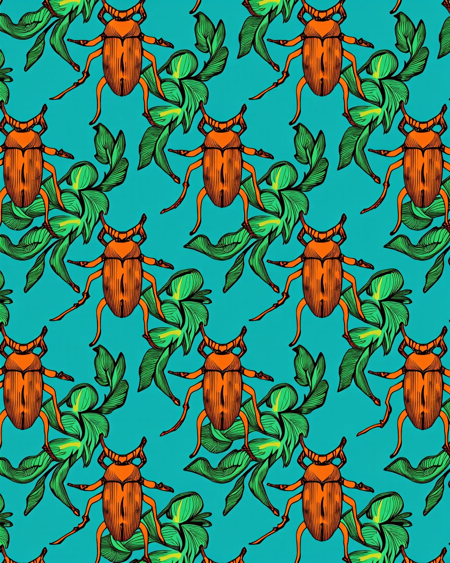 Orange Beetle Green Foliage Teal Background Rug