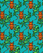 Orange Beetle Green Foliage Teal Background Rug