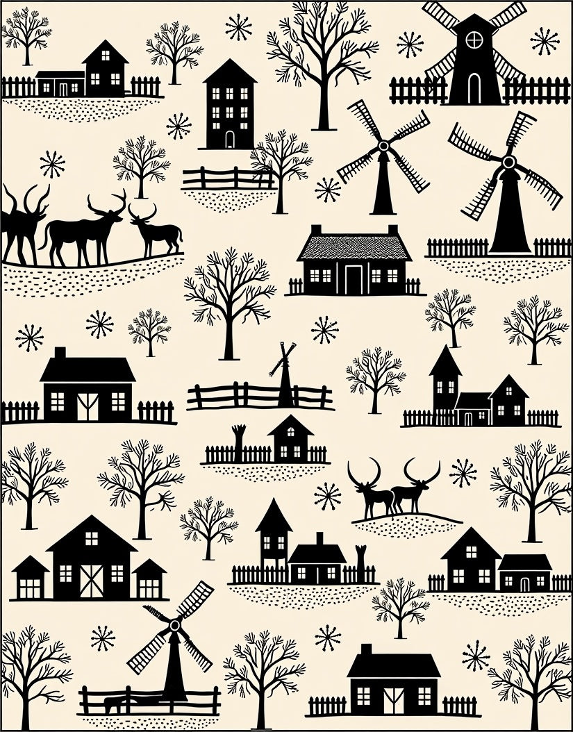 Rustic Village Deer Silhouette Pattern Rug