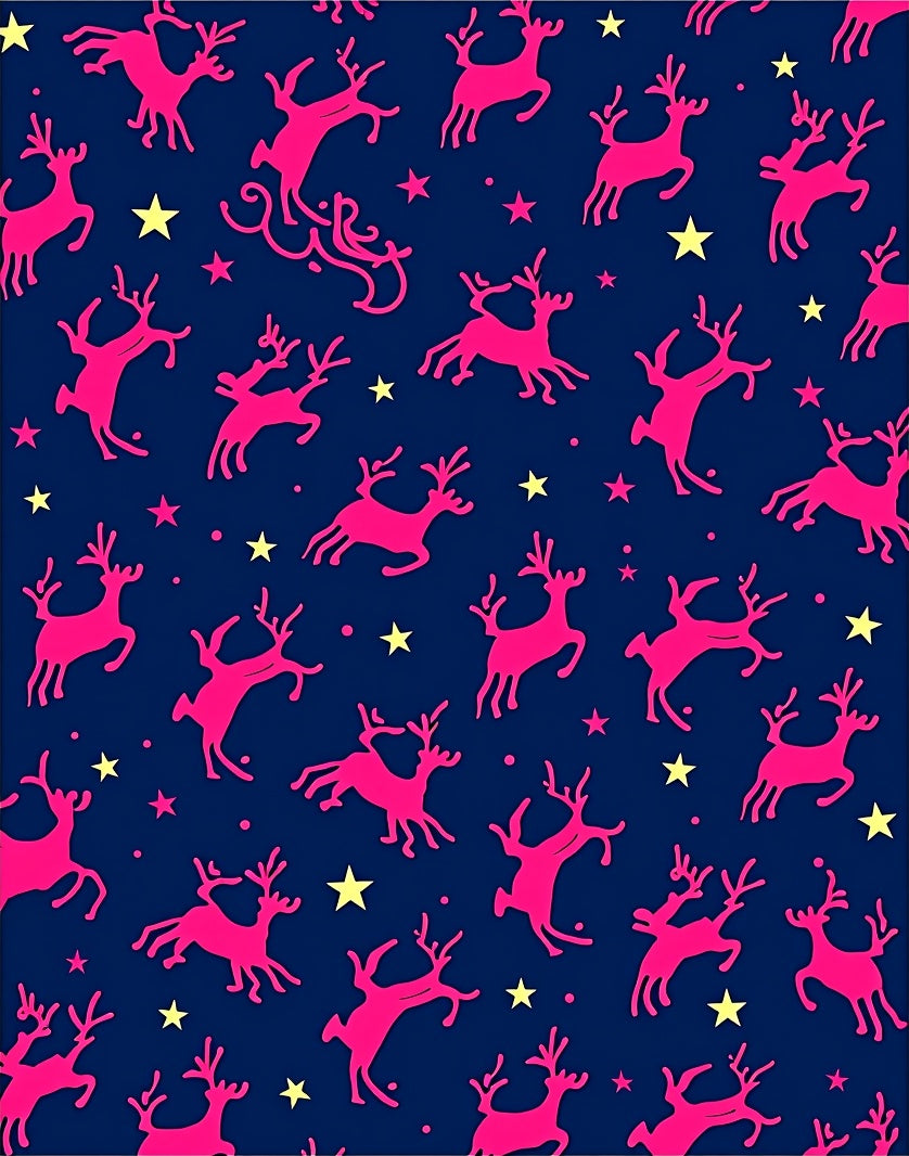 Pink Reindeer Yellow Stars Navy Background Rug