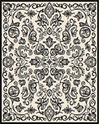 Ornate Black Floral Scroll Pattern Rug