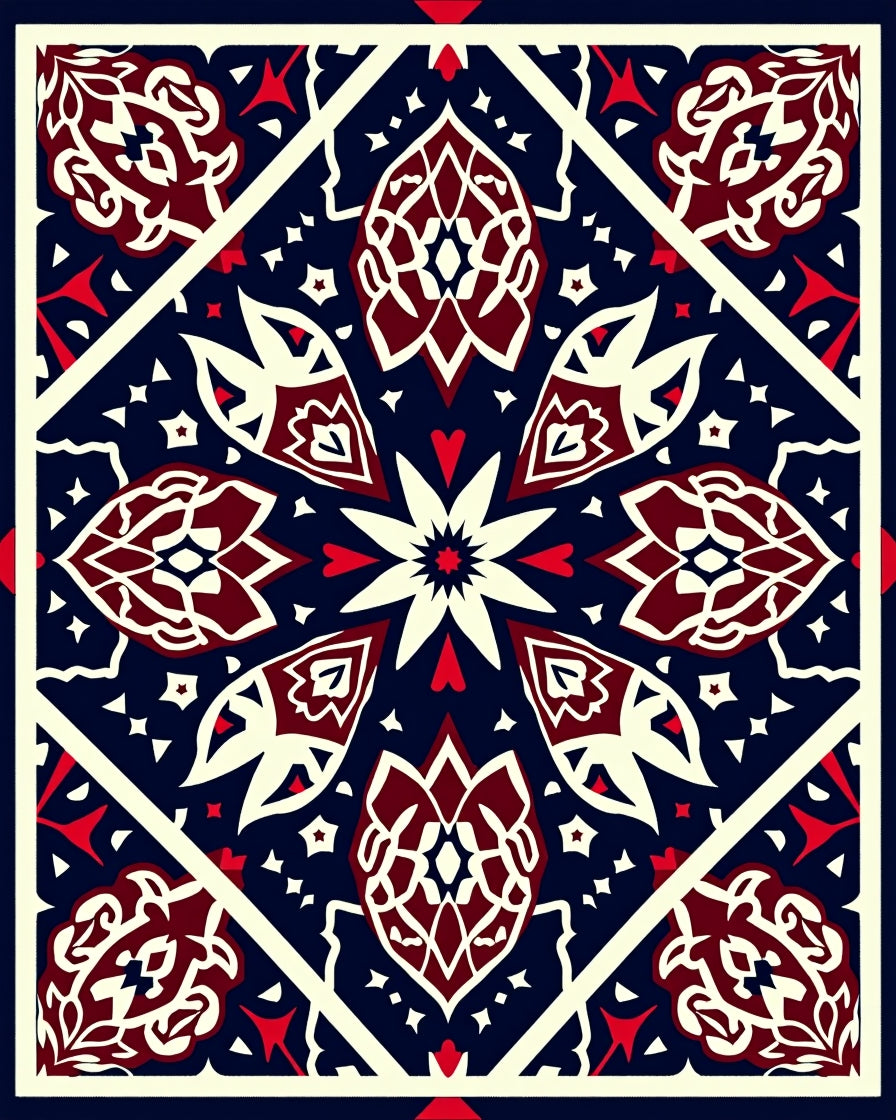 Crimson Floral Symmetry Dark Blue Rug