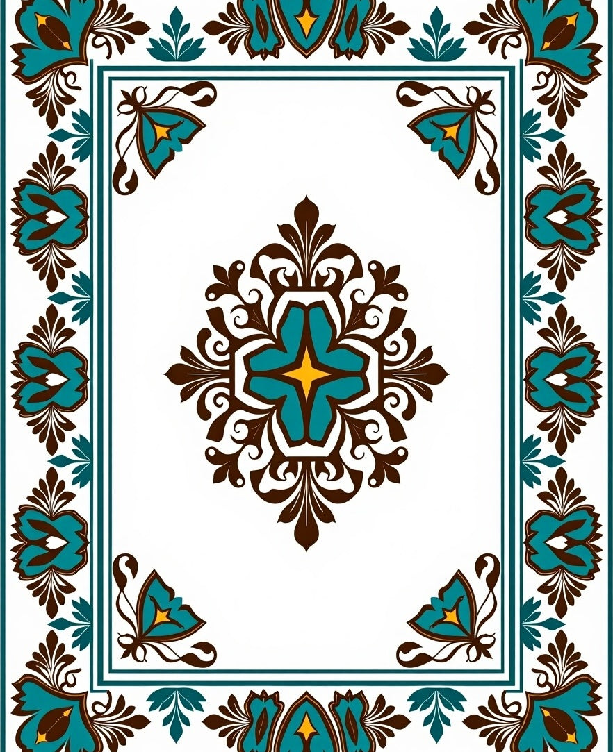 Ornate Floral Teal Brown Pattern Rug