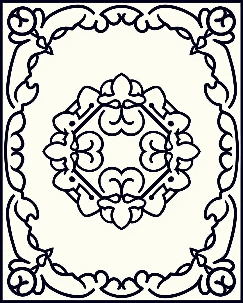 Ornate Floral Scrollwork Frame Design Rug