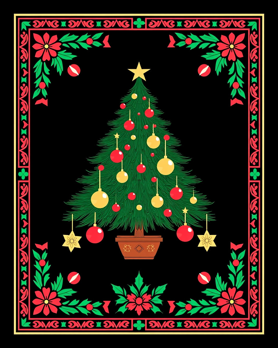 Festive Tree Floral Border Design Rug