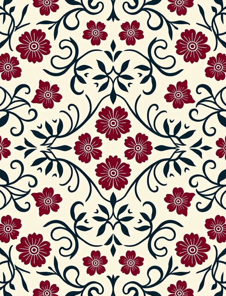 Dark Red Floral Scroll Pattern Rug