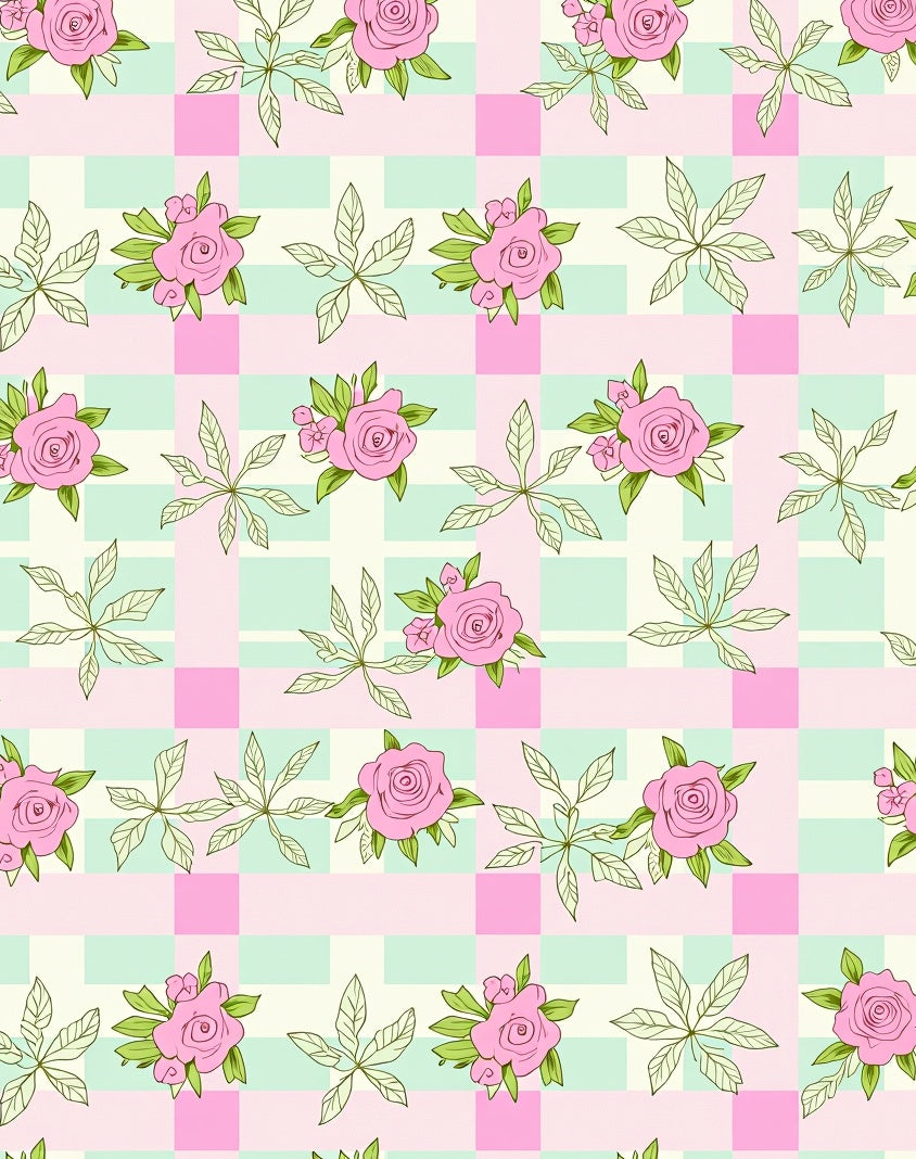 Pink Roses Botanical Checkered Design Rug