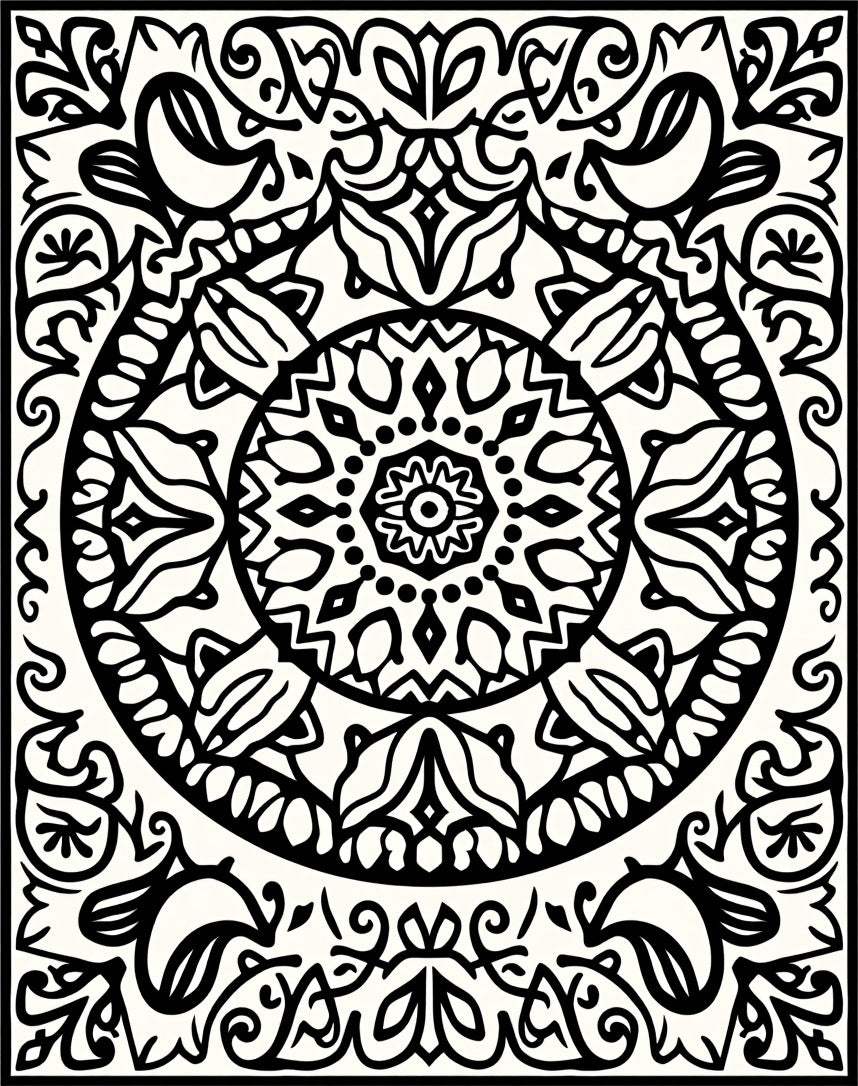 Black White Ornamental Circle Pattern Rug