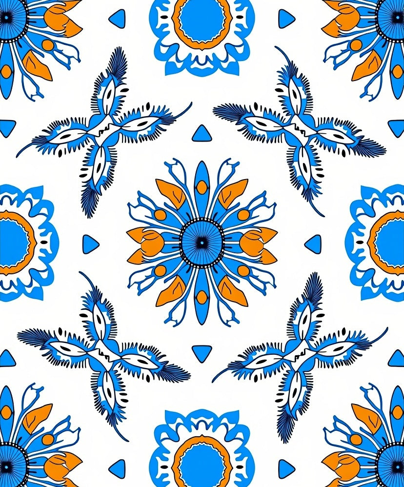 Stylized Blue Orange Floral Motif Rug