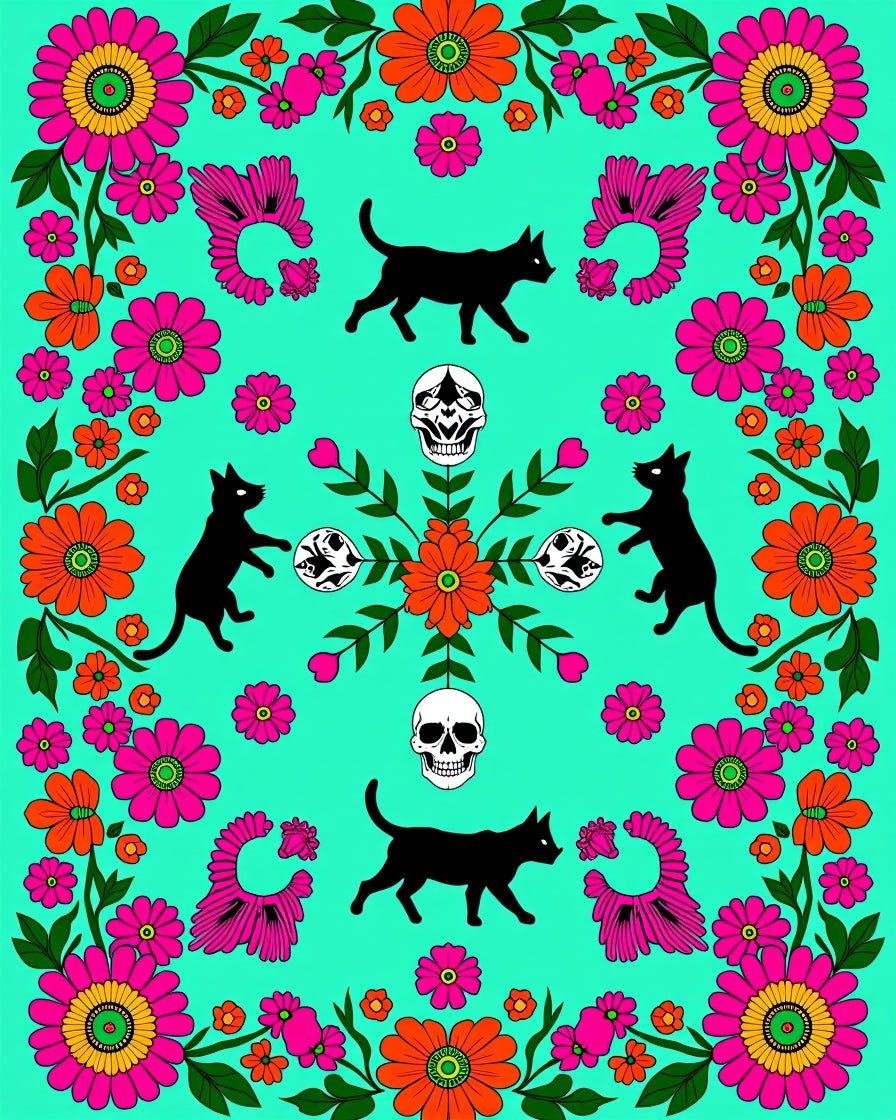 Whimsical Cats Skulls Floral Rug
