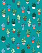 Potted Plant Patterned Teal Rug