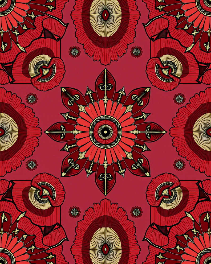 Red Floral Starburst Mandala Rug