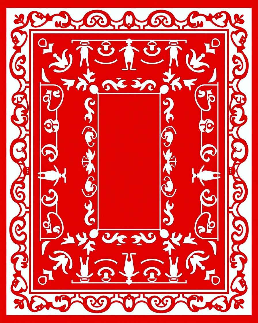 Bold Red Folkloric Figurative Elements Rug